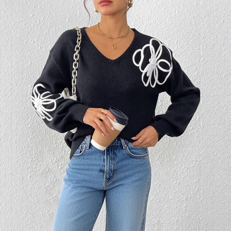 

Women s Tops with Floral Ribbon Embroidery Irregular Embroidered V-neck Pullover Casual Sweaters S чёрный