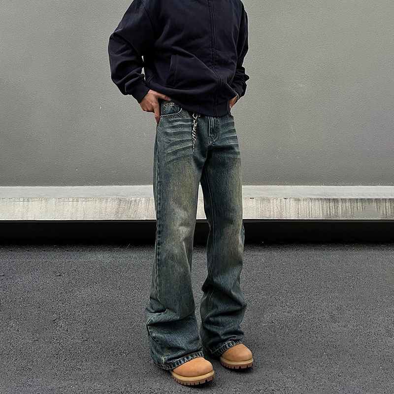 Blaexit Paris Bootcut High-End Blue Scimitar Jeans Men's Retro Straight Cleanfit Pants