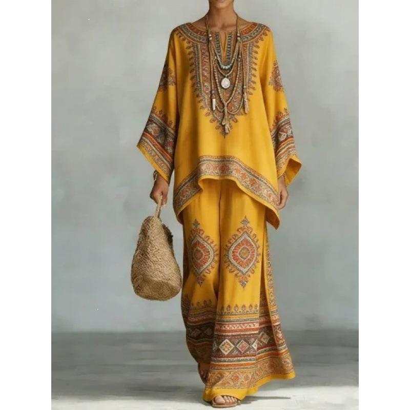 Y116 Sommer Bohemian Paisley Print Zweiteiler Große Größe Freizeit Set