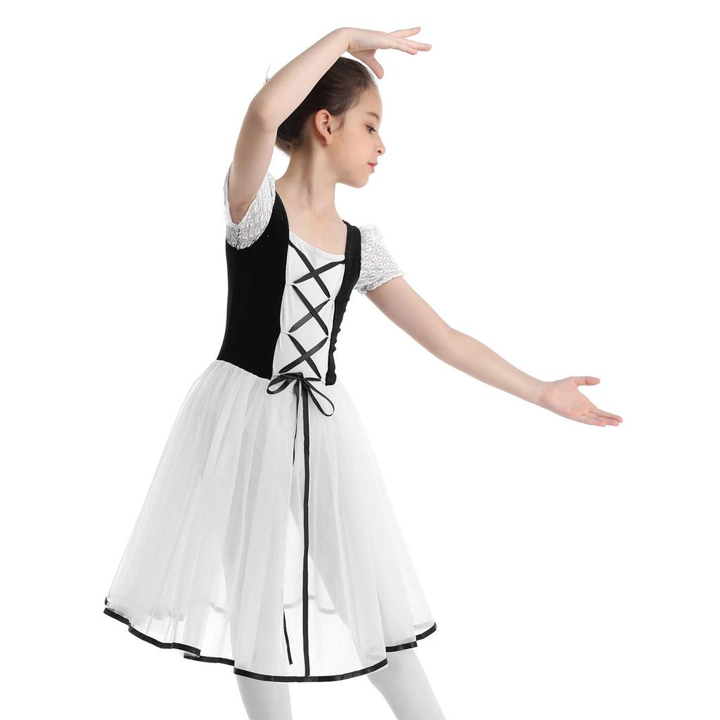 Rochie Tutu din Dantelă de Catifea pentru Fete, Body cu Mâneci Bufante, Costum de Performanță pentru Balet și Gimnastică