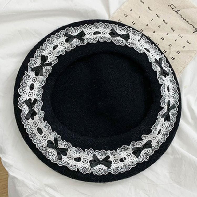 Lace Bows Cabbie Hat for Women Hat Dark Lace Vintage Cabbie Caps Unisex Headwear Autumn Winter Hat for Daily Wear