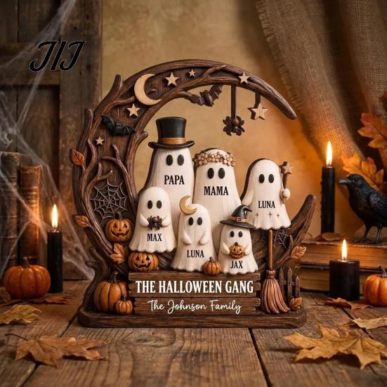 Gifts for Halloween Ghost Family Wooden Plaque, Pumpkin Couple Tabletop Sign, Decorative Plaques Farmhouse Home Ornament Tiered Tray Shelf Decor Theme