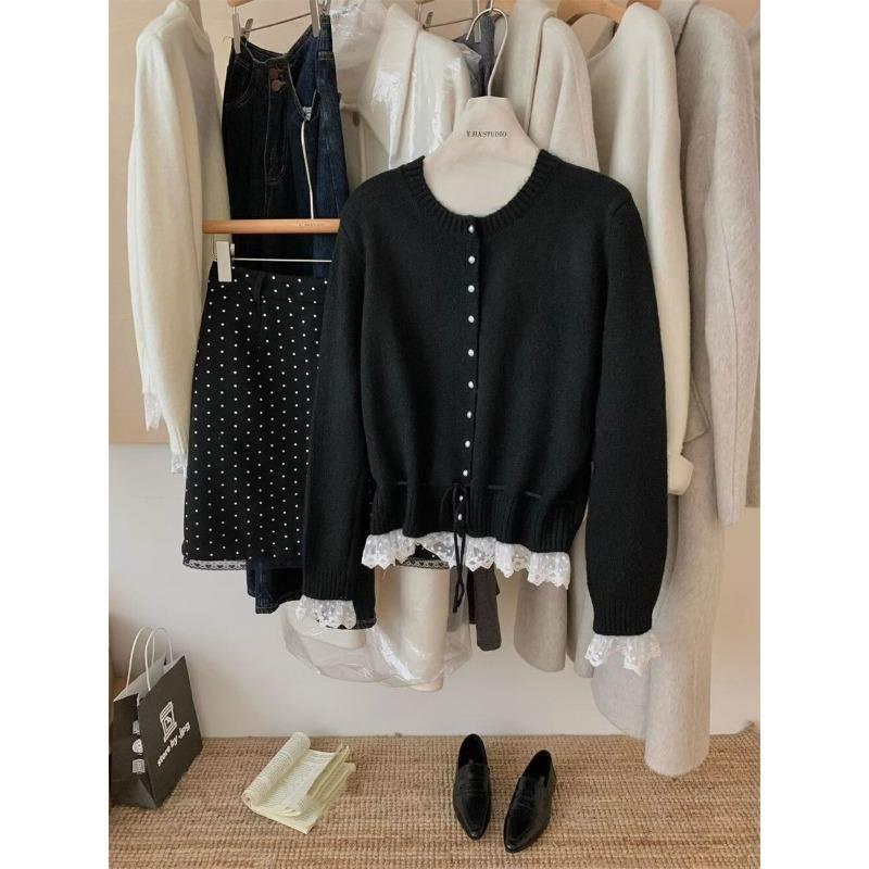Korean Fashion Crew Neck Sweet Lace Waist Tuck-up Sweater Spring Autumn Knitted Cardigan Loose Slim Fit Top Elegant Casual Jackets Lace-up Clothing