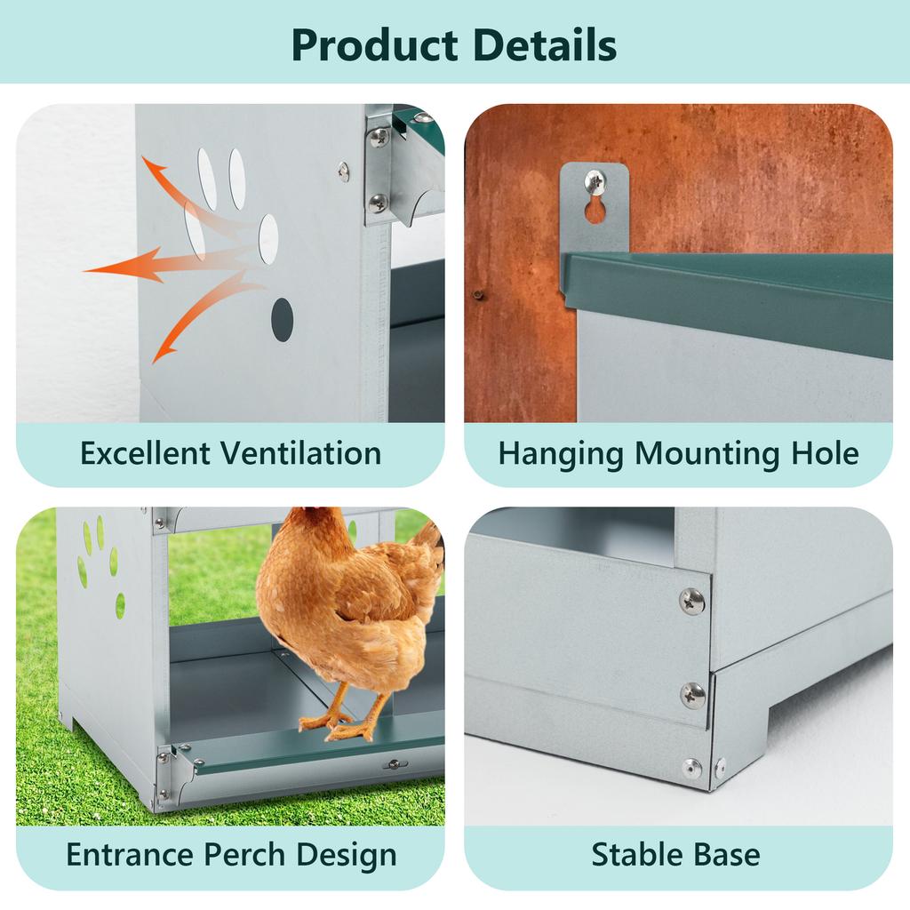 4 Compartment Wall Mount Galvanized Metal Chicken Nesting Boxes, Heavy Duty Egg Laying Nest Box for All Breeds of Hens
