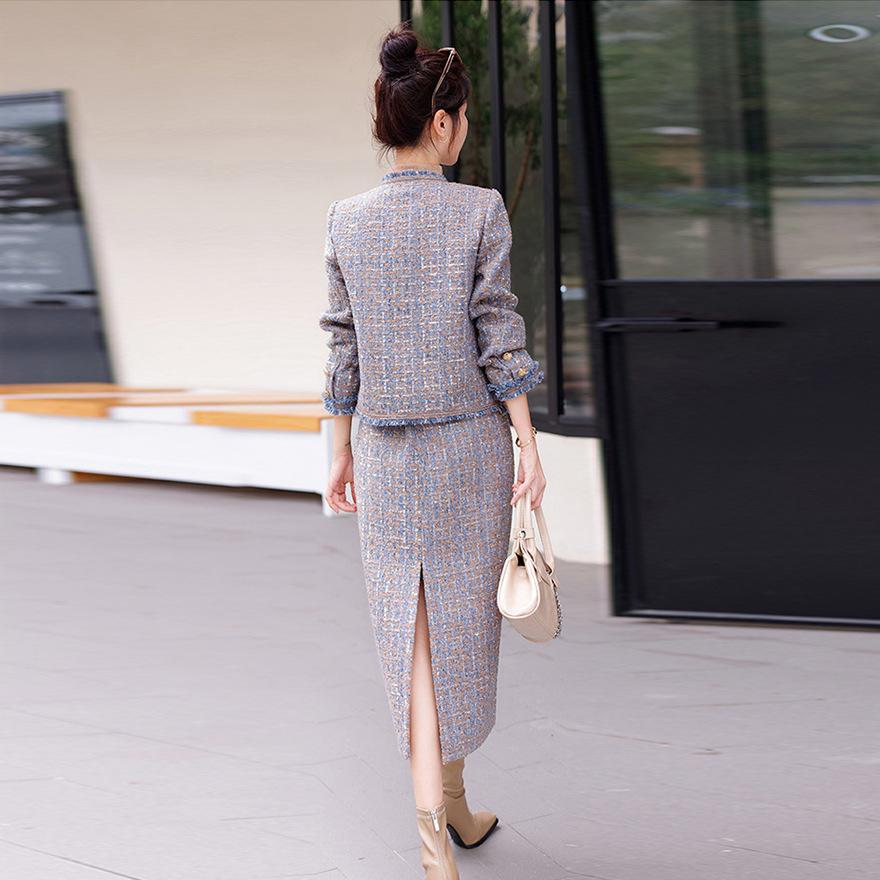 Design suit women's autumn and winter new fashion temperament celebrity thick flower hip skirt two-piece set