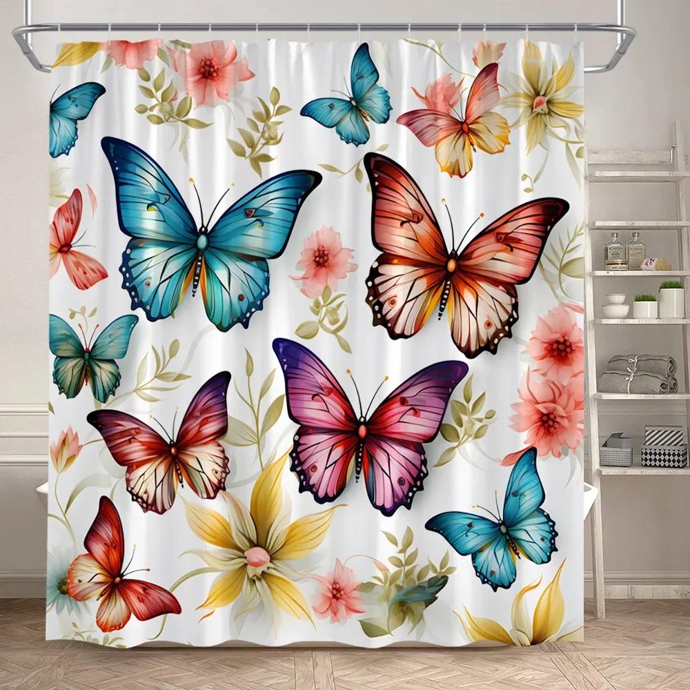 Floral Blue Butterfly Shower Curtain Purple Flowers Butterflies Plant Polyester Fabric Bathroom Decor Bath Curtains With Hooks