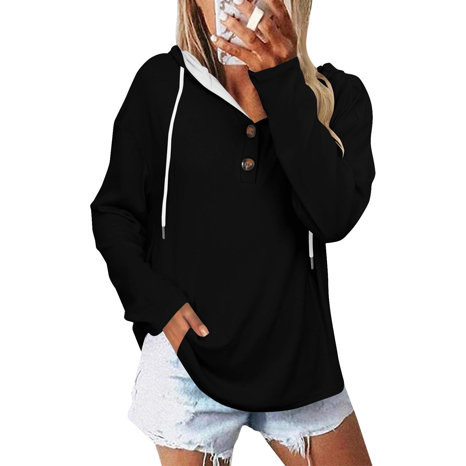 

Женский модный повседневный однотонный топ с длинными рукавами и капюшоном XXXL чёрный