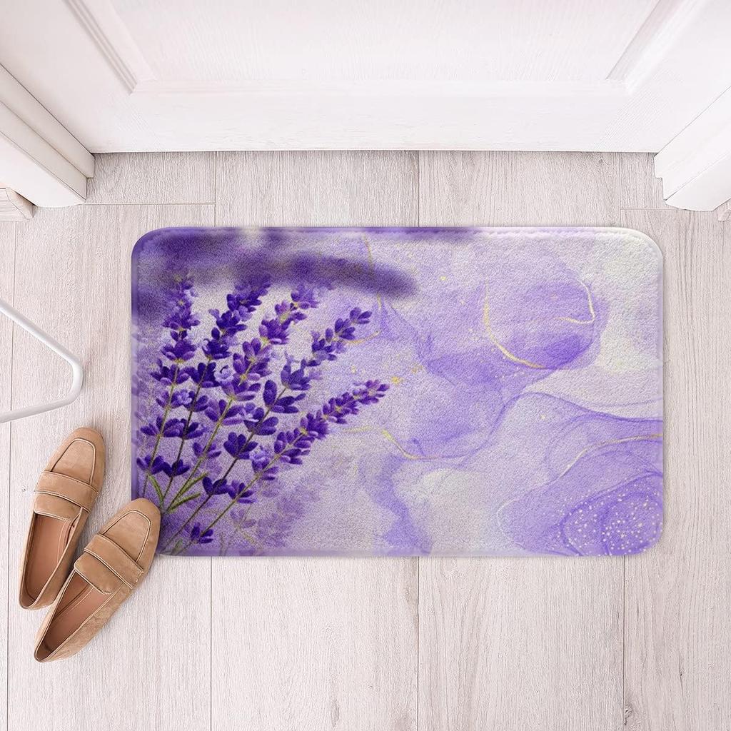 Purple Flowers Rug Watercolor Lavender Carpet Romantic Floral Doormat for Girls Teen,Wild Country Style Garden Flower Floor Mat