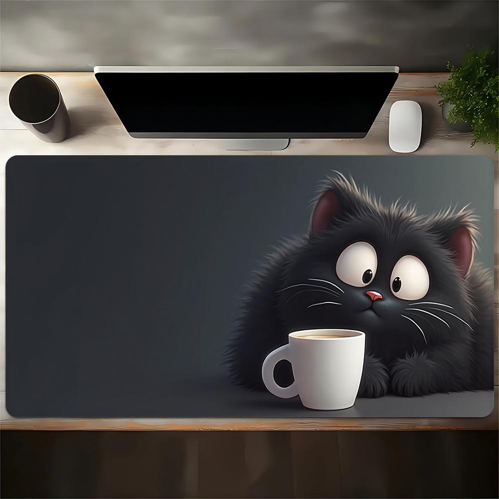 1pc Large Gaming Mouse Pad Cute Black Cat Coffee Design Non-Slip Rubber Base Washable Computer Desk Accessory for PC Game Office
