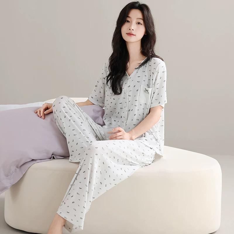 1011 New Lyocell cotton pajamas women's summer with chest pads, short sleeves and trousers, high-end loungewear set