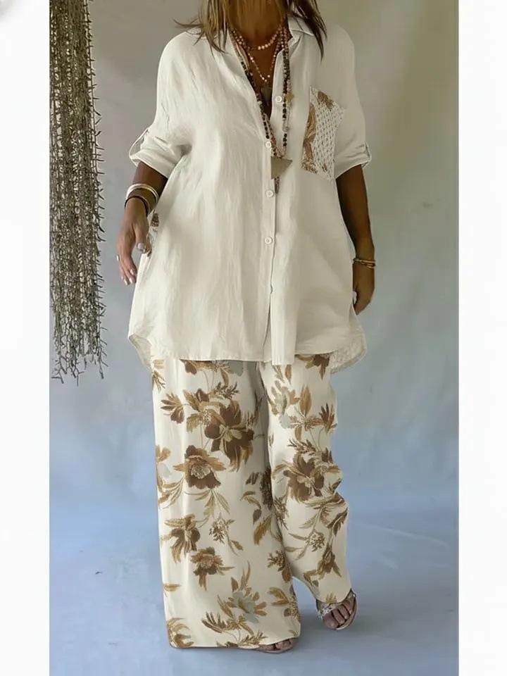 Spring Women's Floral Print Mid-Length Sleeve Top & Long Pants Set 2026