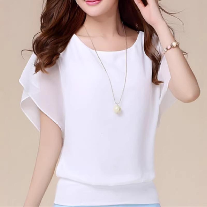 Summer new fashion women's short-sleeved T-shirt, large-size women's thin bat-sleeved chiffon shirt loose top