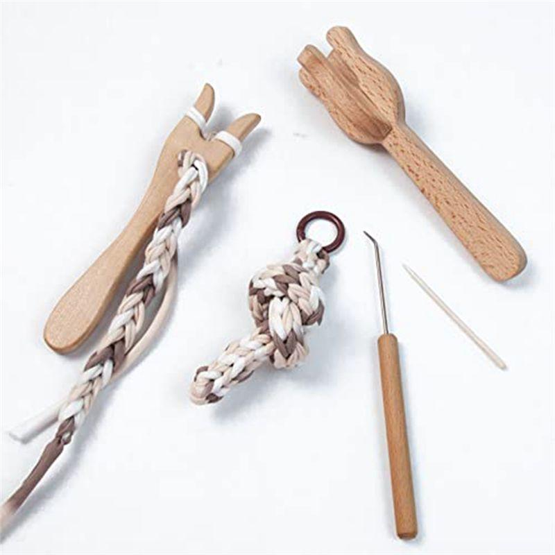 A74E-8Piece Portable Knitting Fork And Needle Kit Lucet Fork Crochet Wooden Knitting Fork Big Eye Needle Set Wood Color