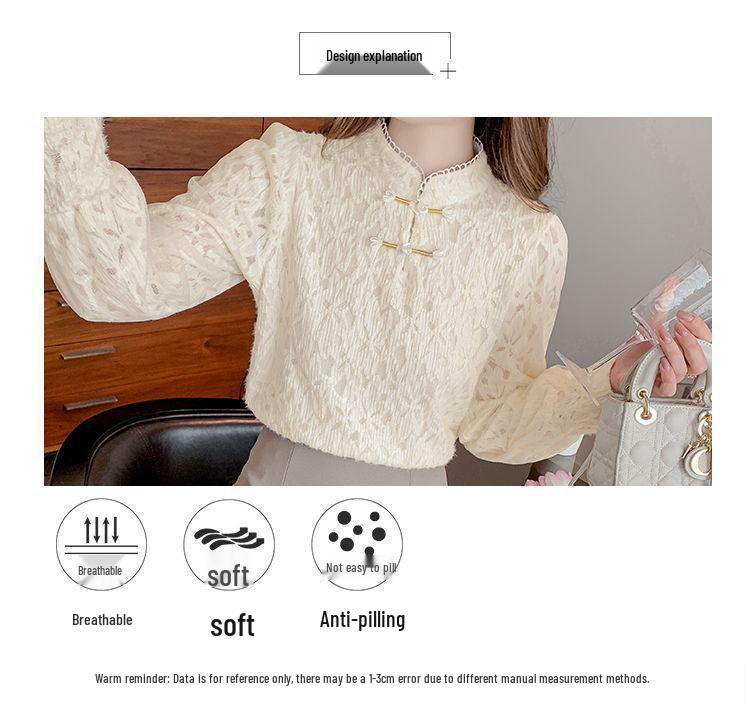 Women's Autumn/Winter Slim Fit Lace Stand Collar Shirt with Velvet Tummy Covering Top