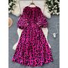 French Style Retro Minority Print Dress Female 2024 Autumn Lace-up Waist-Controlled Round Neck Lantern Sleeve Slimming Long Dress