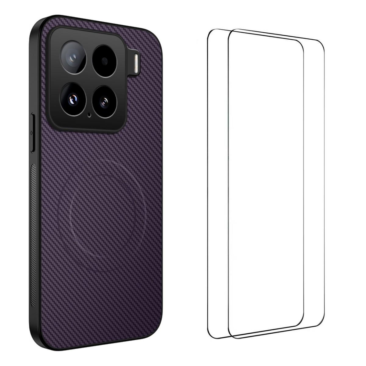 

Для Xiaomi 15 Pro Магнитный чехол WANLONFENG Серия TQ1 Текстура углеродного волокна ПК ТПУ Чехол для телефона с 2 шт. защитными пленками Purple