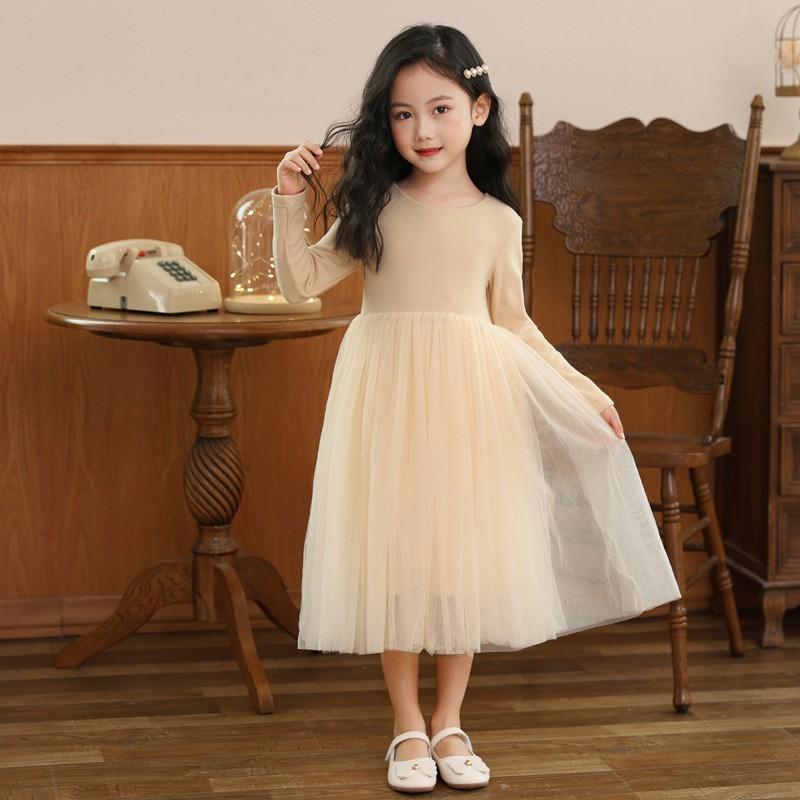 Girls Long Sleeve Princess Dress Kids Mesh Party Winter Basic