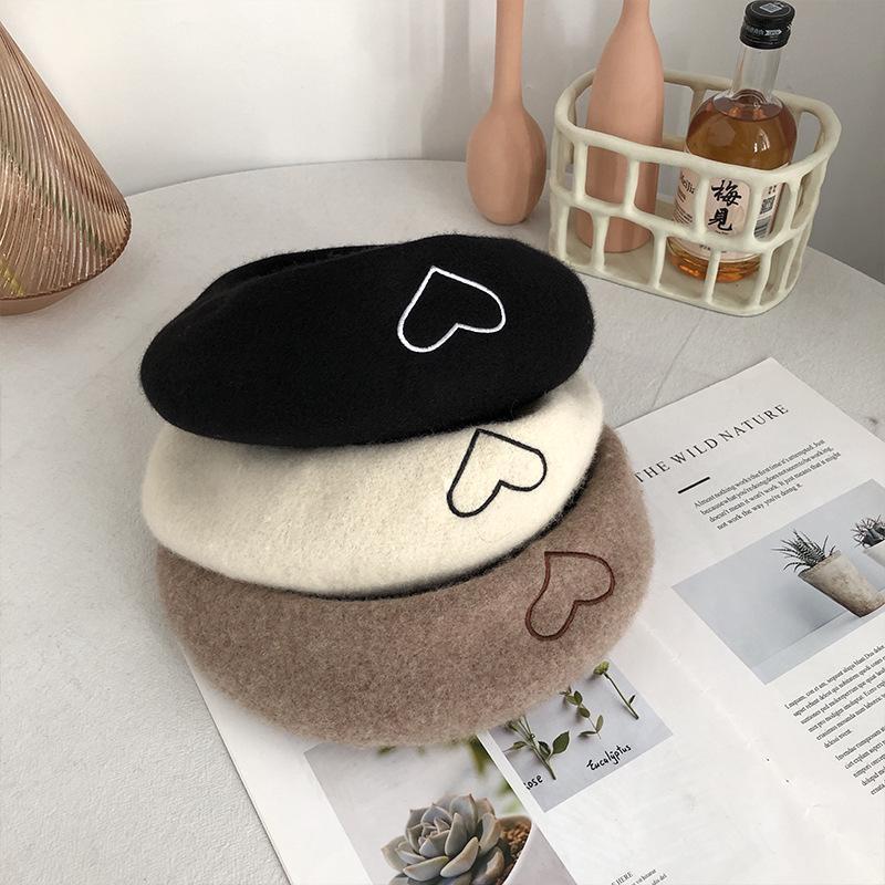 Love Embroidered Tweed Beret Hat Female Autumn And Winter Korean Version Retro Painter Hat