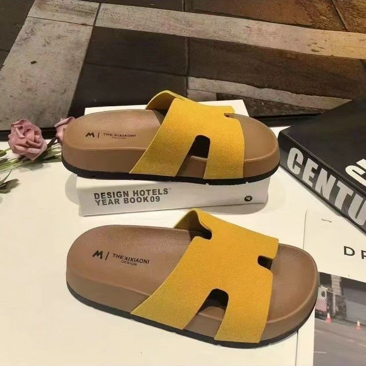 

Soft-soled one-word thick-soled versatile slippers New fashion sandals Fairy cool slippers outer wear 40 жёлтый