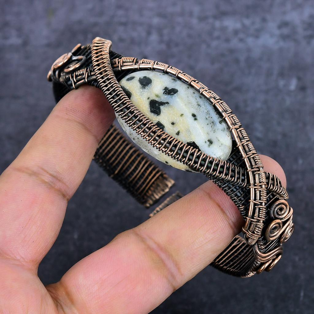 Natural Dalmation Jasper Gesmtone Copper Wire Wrap Cuff Bangle Adjustable A5R19