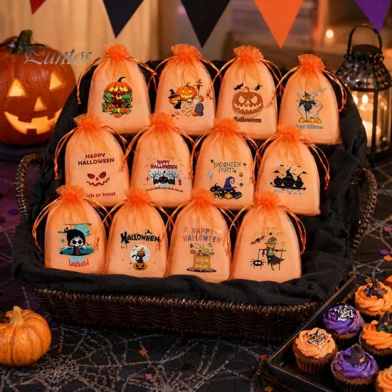 Halloween Party Prop 12 Pcs Organza Candy Bag, Drawstring Treat Pouch with Pumpkin Ghost Bat Storage Bag Print, Sheer Favor for Snacks, Trick or Gift