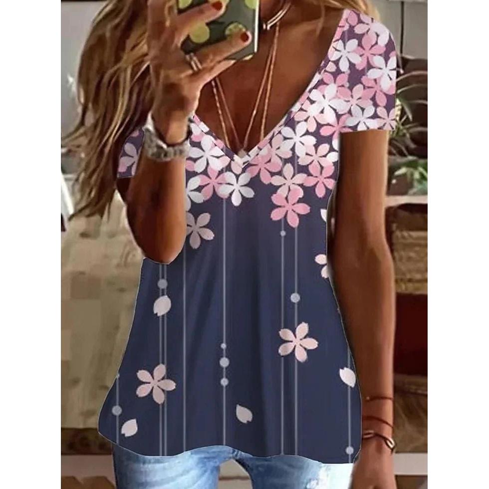 Summer V-neck 3D Printed Top Fashionable Casual Short Sleeved Women's T-shirts