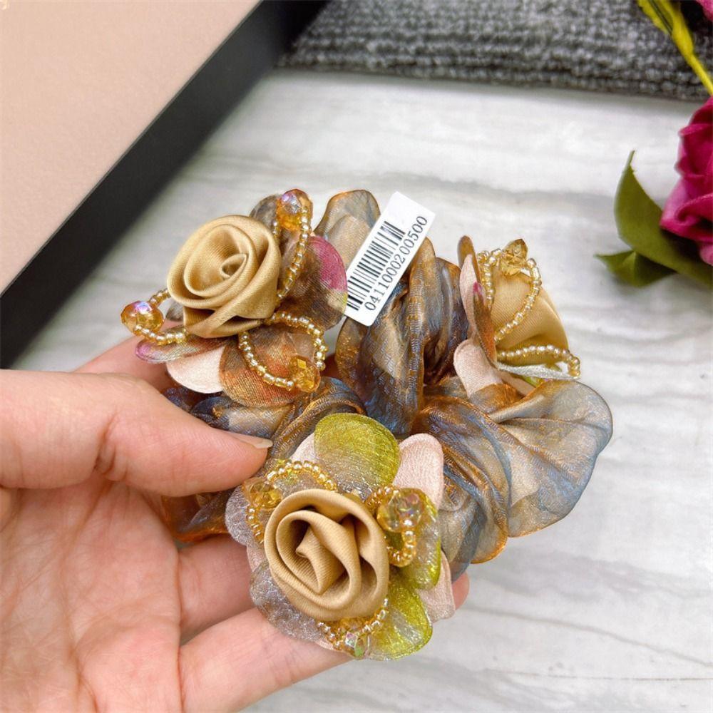 3 Flower Lace Hair Scrunchies Elegant Bun Rubber Bands Large Intestine Hair Ring Daily Use