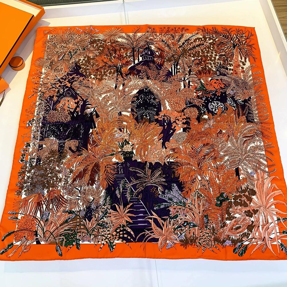 90CM Manual Hand Rolled Twill Silk Scarf Women High-End Square Scarves Forest and Castle Printed Echarpes Foulard Wrap Bandana