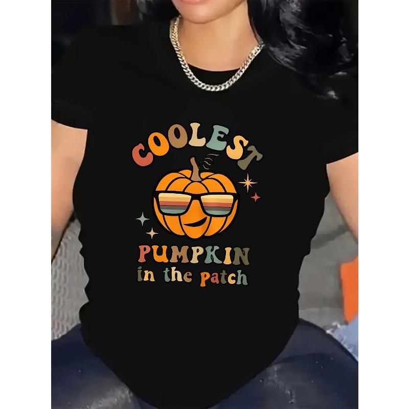 Fashionable Round-Neck WOMEN'S Short-Sleeve T-Shirt for Women Featuring a Fun Halloween Cartoon Pumpkin Design