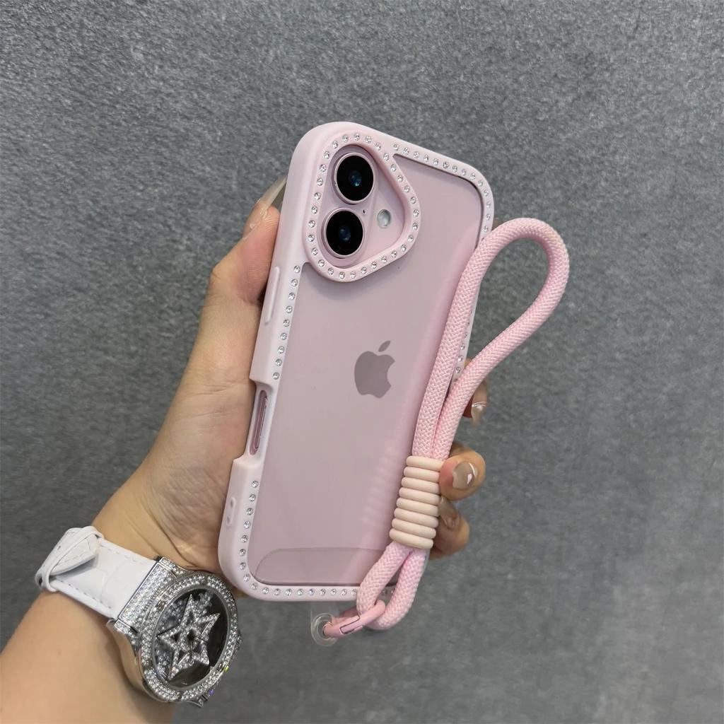Shining Bling Diamond Transparent Phone Case For iPhone 16 16E 15 14 13 12 11 Pro Max 16Plus 16Pro With Wristband Lanyard Cover