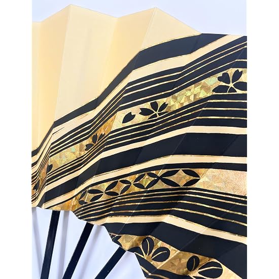 Asakusa Kimono Market Dance Folding Fan, Ivory with Holographic Streamline Pattern, Black Lacquered 