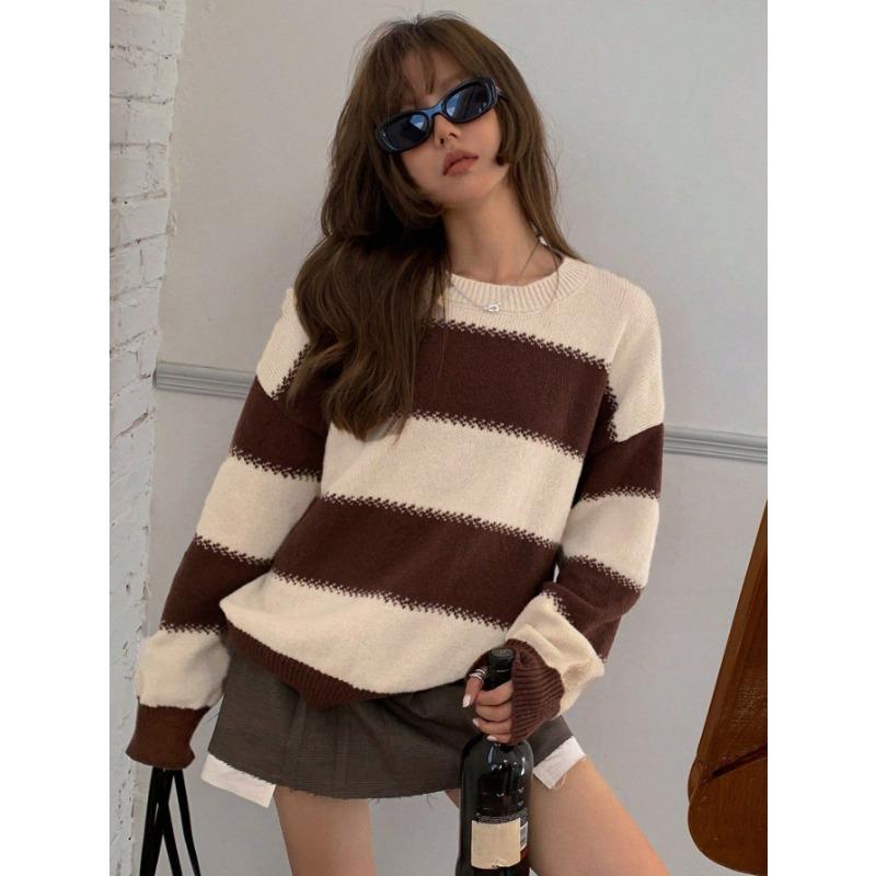 Women S Color Block Striped Knit Sweater Loose Drop Shoulder Crew Neck Long Sleeve Casual Top