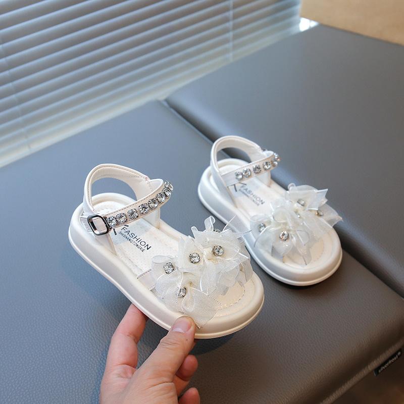 Girls Sandals Lace Flowers Shiny Crystal Kids Beach Shoes Open Toes 2025 Summer New Children Princess Shoes Soft Comfortable
