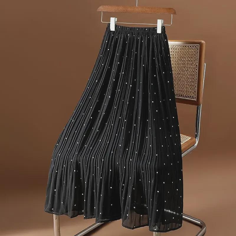 2025 Spring/Summer Women's High Waist Polka Dot Pleated A-Line Chiffon Midi Skirt
