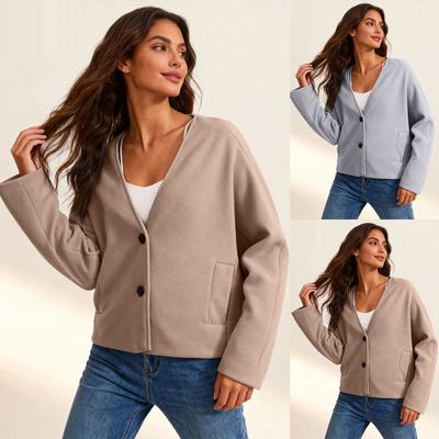 Women's Fashion V-Neck Jacket Double-Button Wool Blend Short Coat