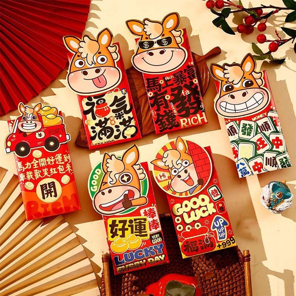 6pcs Cartoon 2026 Horse Year Red Envelope Blessings Paper Craft Lucky Money Pouch Traditional Mixed Pattern
