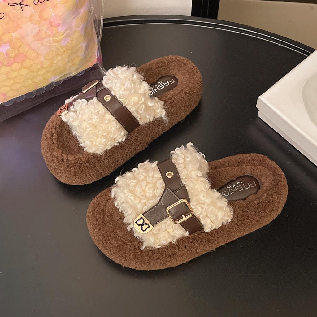 Thick-soled heightening fluffy slippers outer wear 2025 autumn and winter new belt metal buckle women's shoes home plush one-word drag