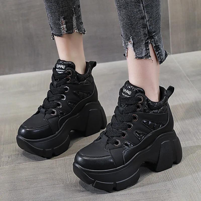 

Модные 8 см Натуральная Кожа Свиная Замша Пуховая Ткань Ботильоны на Платформе Клиновидном Каблуке Женские Повседневные Осенне-Зимние Кроссовки с Скрытым Каблуком Обувь 34 чёрный