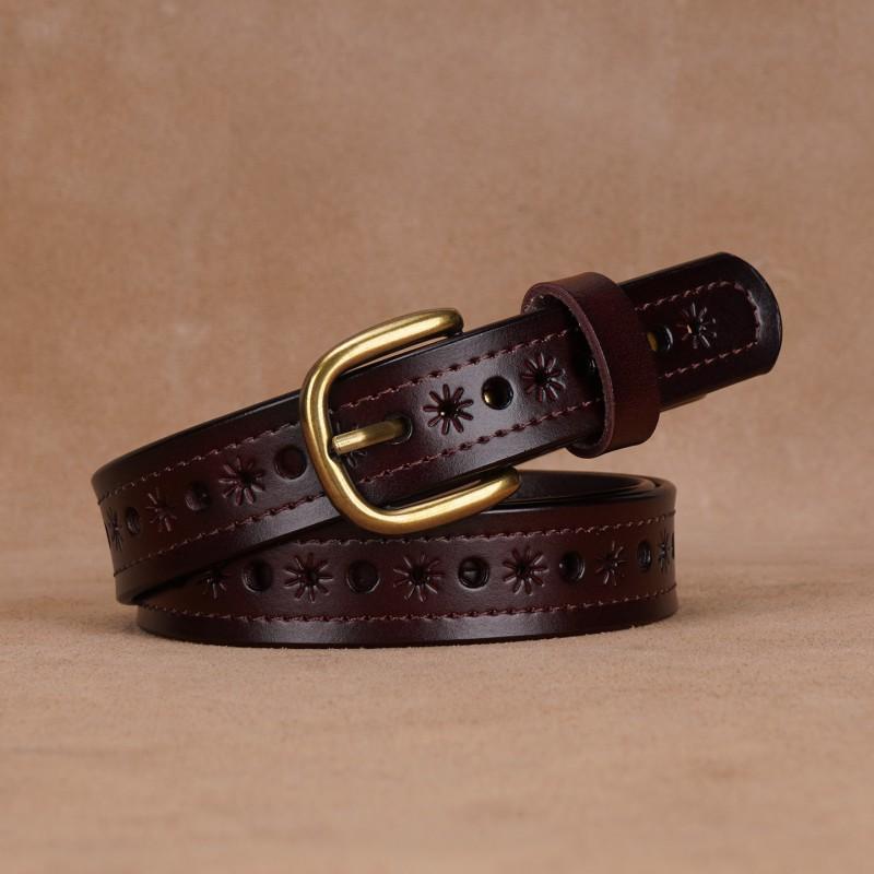 Womens Genuine Leather Belt With Hollow Cut Design Slim Waistband Casual Office Jeans Outfits Zinc Alloy Pin Buckle