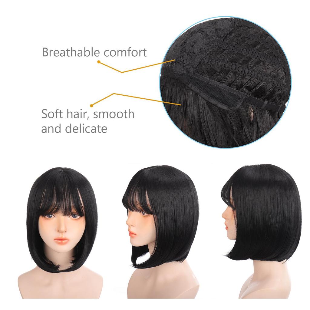 Short Bob Wig With Bangs for Women Synthetic Bob Wigs Black Pink Purple Cosplay Wigs for Party Daily Shoulder Length