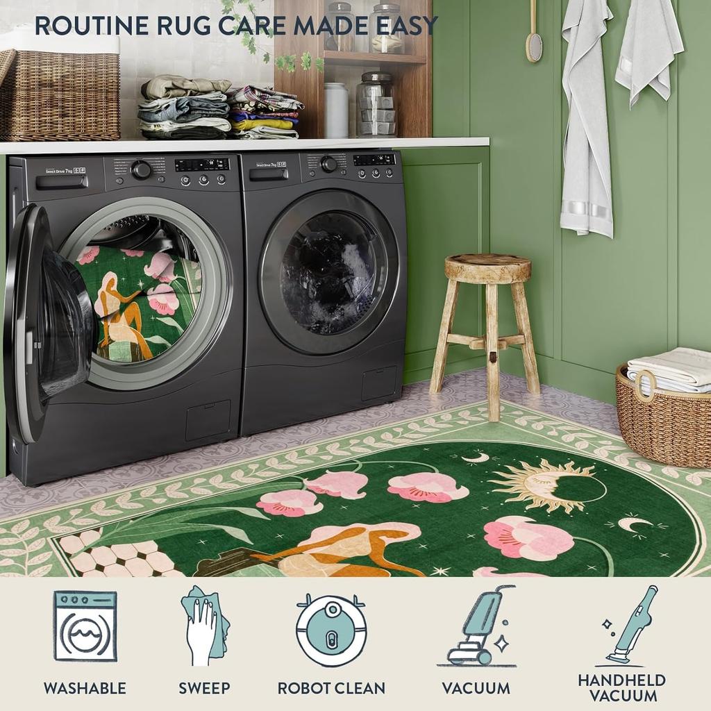 Living Room Short Pile Washable Carpet Bedroom Non-slip Soft Floor Mat Bohemian Style Green Rug Large Size Home Decoration Mats