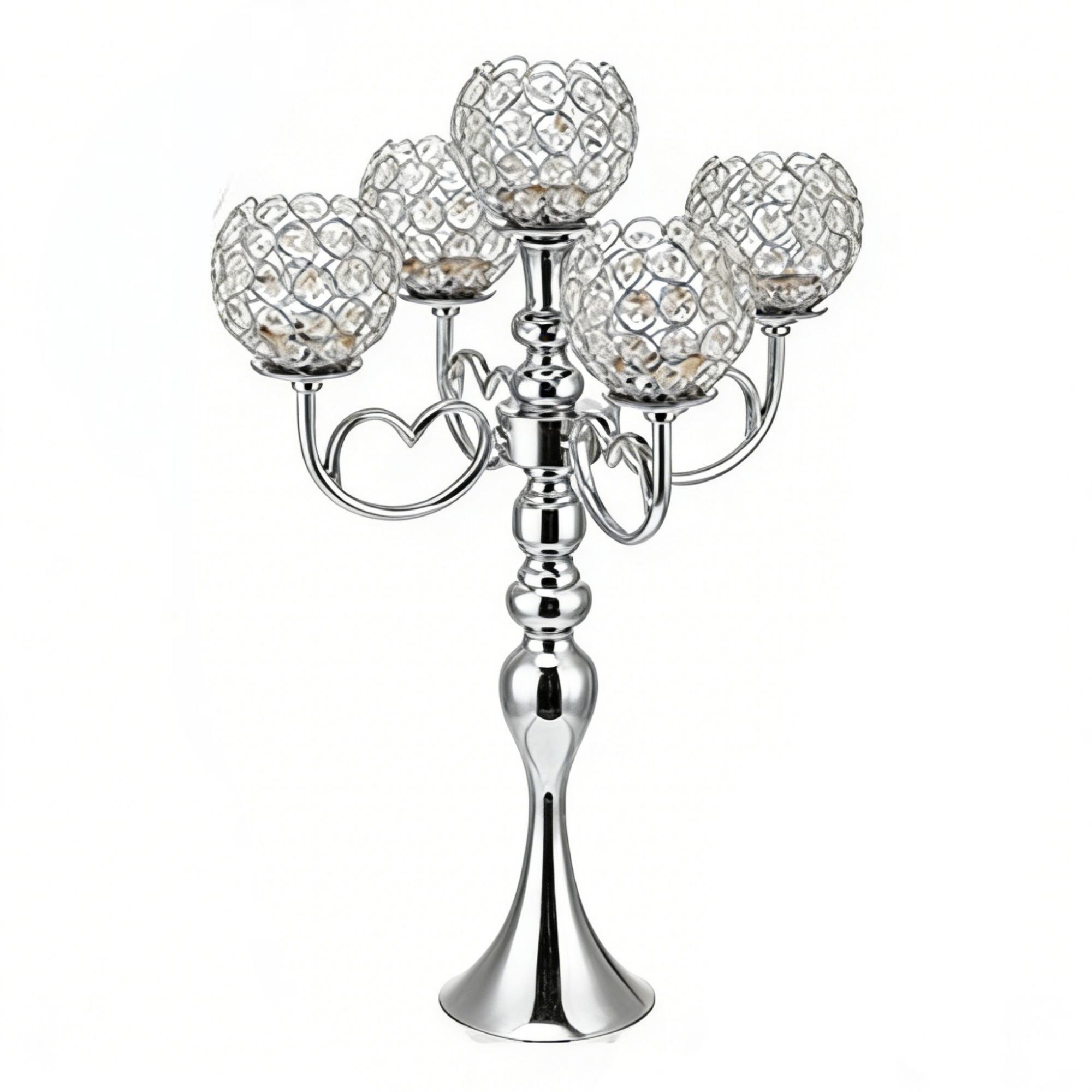 5-Arm Golden Crystal Stand Heart-Shaped Arm Tealight Candle Holder Sliver Luxury Wedding Table Centerpiece Home Decor 1Pc серебряный