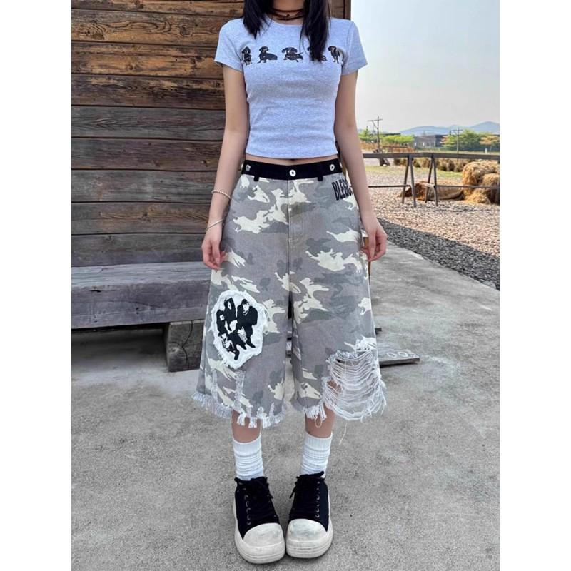 Womens High Waisted Camo Denim Capri Pants Loose Straight Leg Vintage Ripped Patchwork Jeans Casual Streetwear