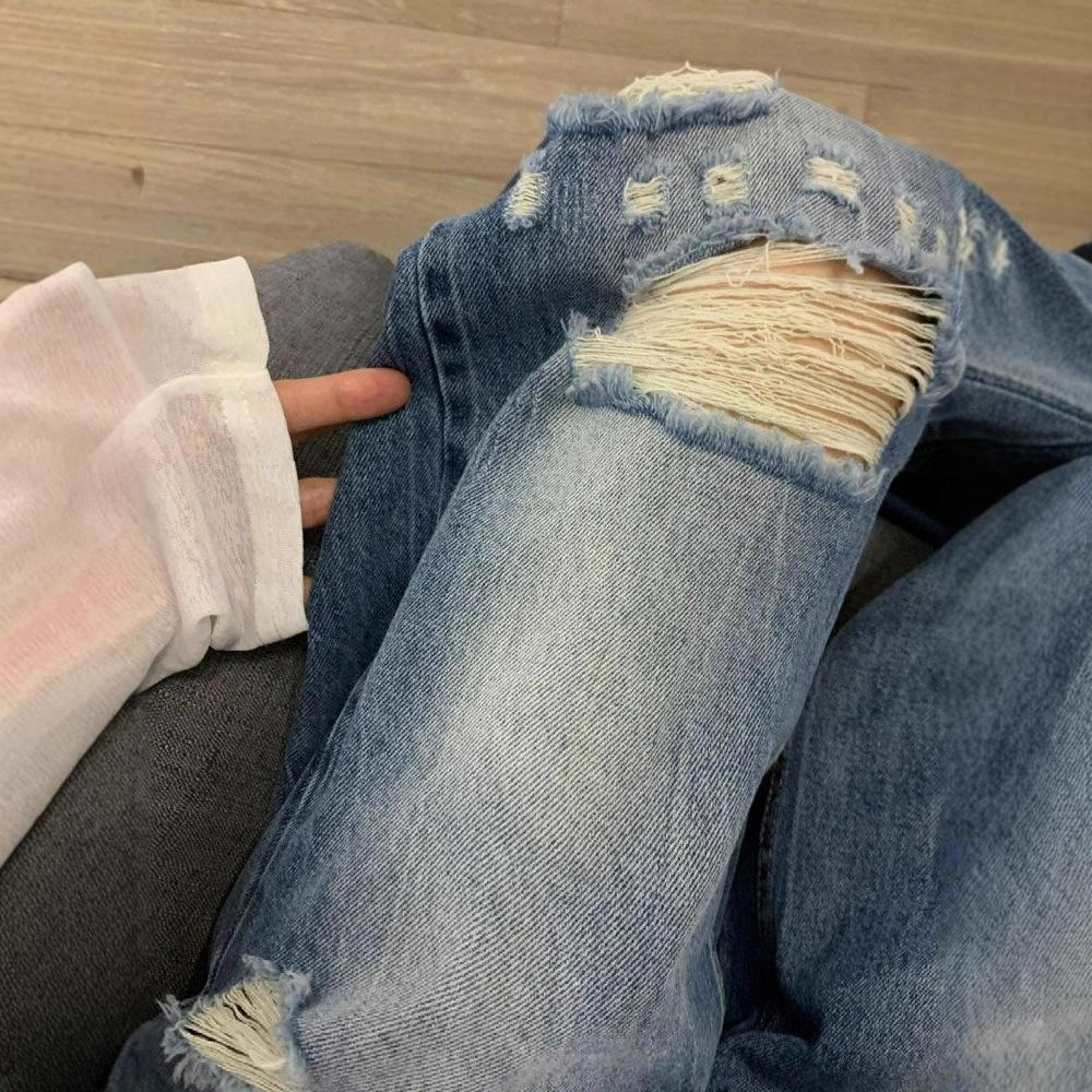 Retro Blue Holes Loose Straight Jeans Women's Early Fall Washed High-waisted Skinny Dragging Wide-legged Pants Retro Baggy Long Jeans for Ladies