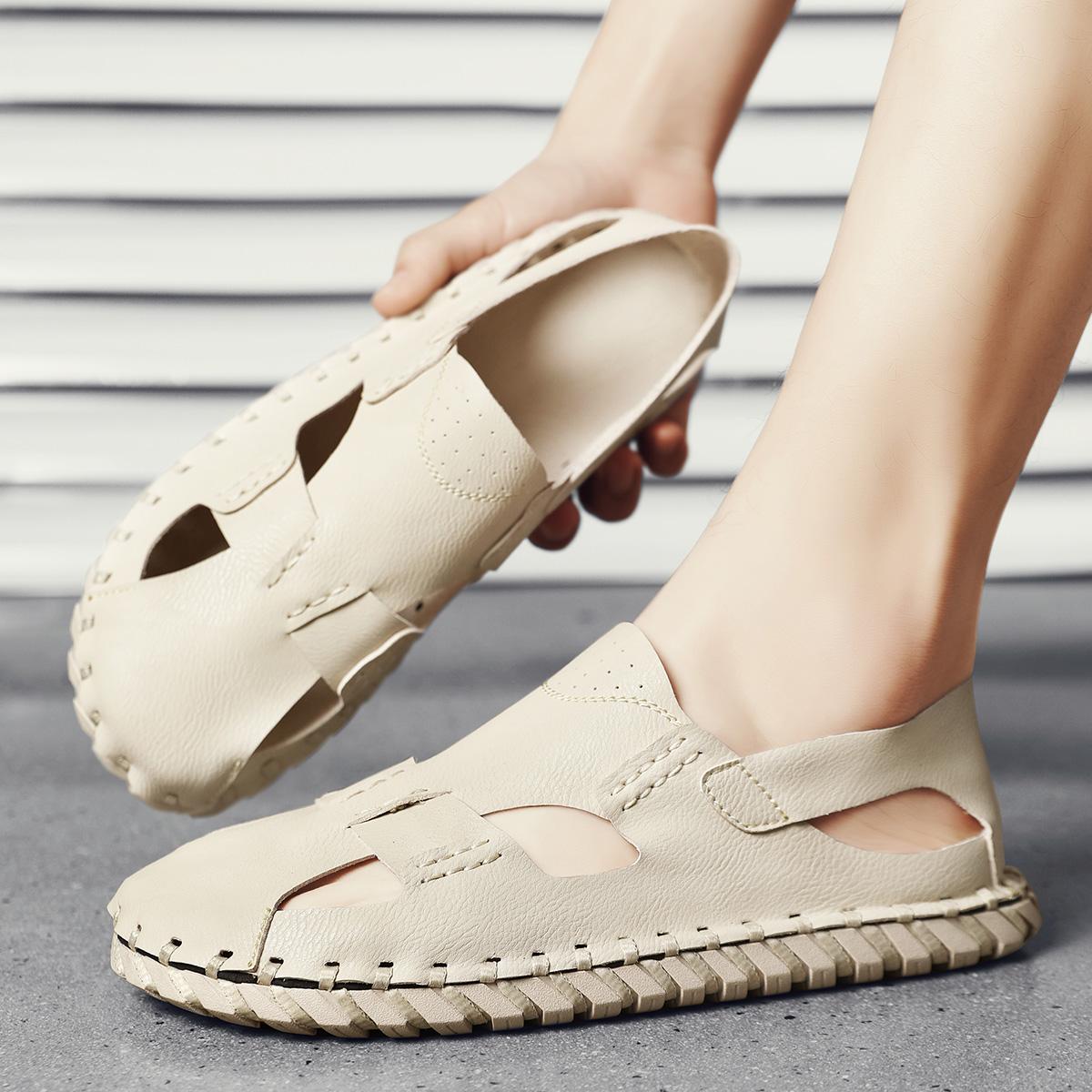 

Мужские походные сандалии бежево-серые пляжные туфли с широким носком сандалии ручной работы большого размера для отца EU:43 бежевый