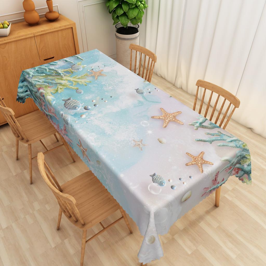Ocean Blue Tablecloth Seashell Starfish Wave Beach Print Waterproof Table Cover For Kitchen Decoration Birthday Party Tablecloth