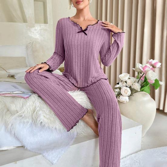 2 stk/sett Vår Dame Topp Bukser Dress Langermet V-hals Sløyfe Rynkedekor Topp Elastisk Midje Trådbukser