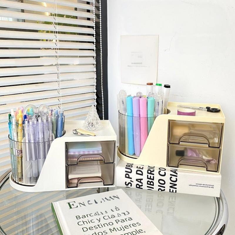2-In-1 Rotating Pen Holder Rotating Desktop Organizer Storage Box With Drawer Plastic Pen Holder Cosmetic Storage Box