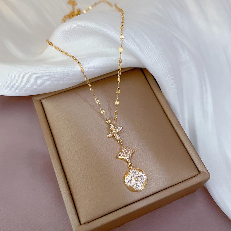 Titanium Steel Luxury Diamond Gold Micro-Inlaid Necklace for Women - Trendy Clavicle Chain