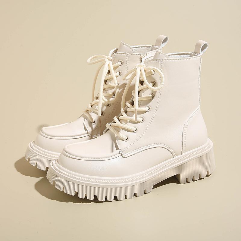 Thick soled short boots for women 2025 autumn and winter new black versatile lace up side zipper with plush British style boots